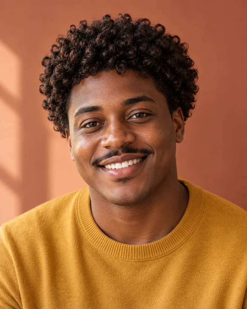 Man with a rounded curly haircut cut with scissors only