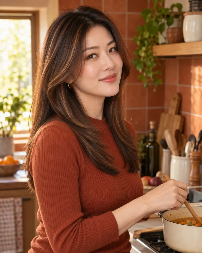 Woman with soft face-framing layers cooking at home in a sunny kitchen