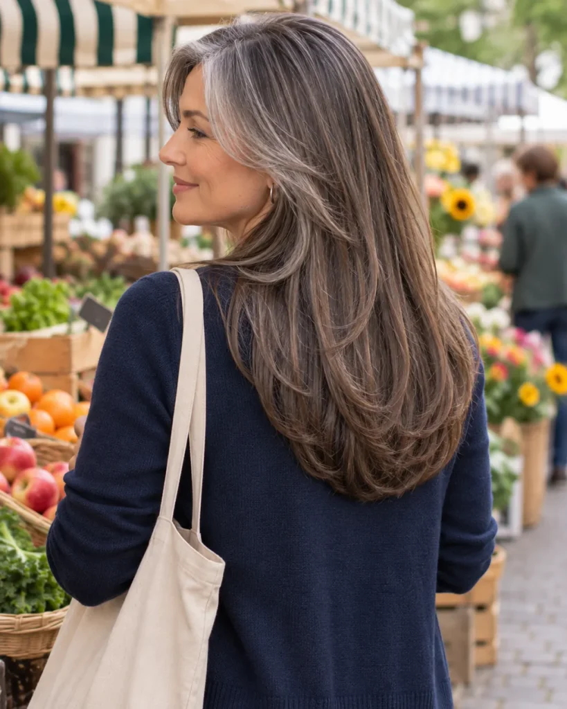 Woman in her 50s with a silver-streaked U-cut layered haircut at a farmers market